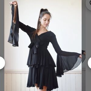 Norma Kamali Black Tiered Dress with Dramatic Bell Sleeves NWT